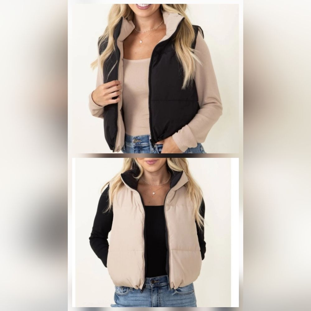 Love Tree Reversible Puffer Vest - Beige/Black
